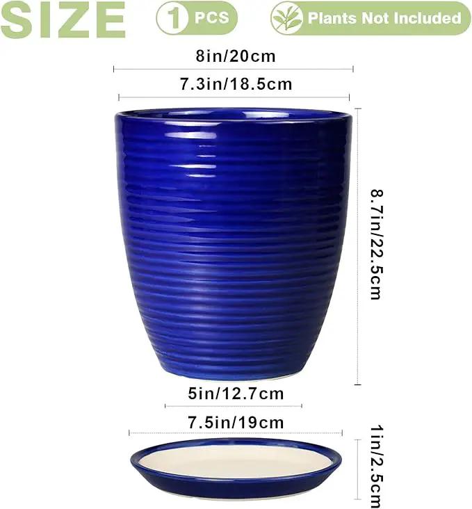 Ceramic Planter Pot - 8 Inch Plant Pot with Drainage Hole and Tray Round Planter Modern Flower Pot for Indoor Outdoor Plants Decorative Garden Pot Blue by GreenHaven Gardens