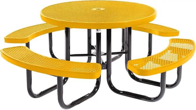 Coated Outdoor Furniture Heavy-Duty Portable Outdoor Picnic Table with Umbrella Hole, Expanded Metal Commercial-Grade Patio Dining Furniture Made in America (46" Round Top, Yellow) by GreenHaven Gardens
