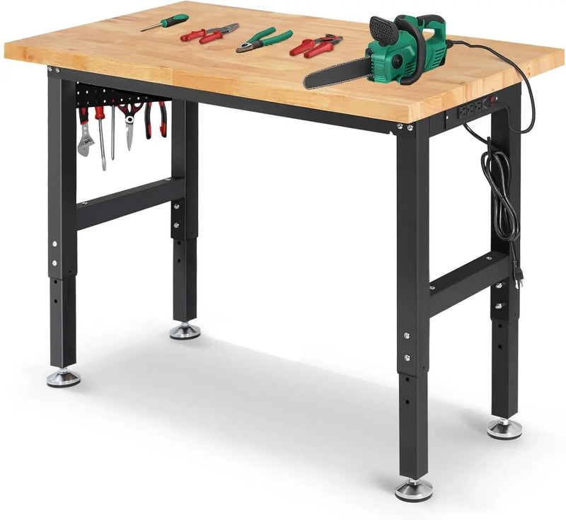 Work Bench for Garage 48 x 20 Inch Adjustable Height Rubberwood Tabletop Work Table with Pegboard, Power Outlets Garage Workbench for Woodworking Shop, Home, Office, Electronic Cutting Wood by GreenHaven Gardens