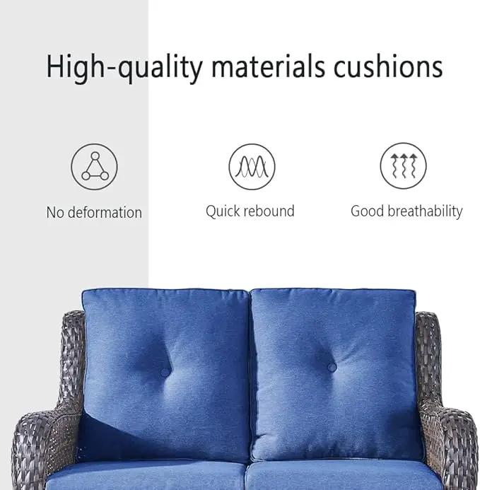 Wicker Outdoor Furniture Patio Furniture Set - 6 Piece Patio Conversation Set with Swivel Rocker Chairs, Loveseat Sofa, Ottomans and Coffee Table, Blue Cushion by GreenHaven Gardens