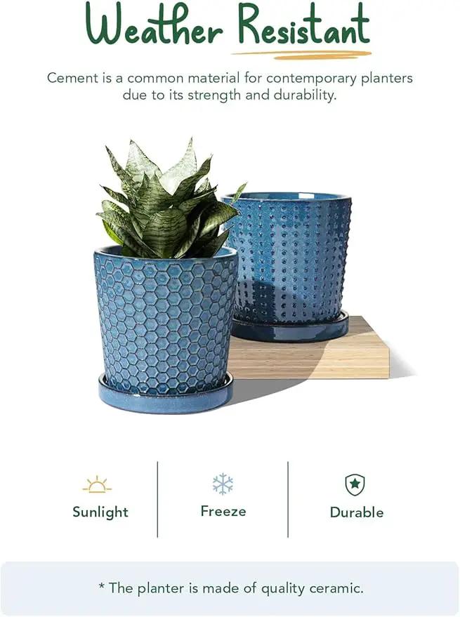LE TAUCI Ceramic Pots for Plants, 5.5 Inch Plant Pots with Drainage and Saucer, Indoor Plant Pots for Succulents, Snake Plants, Cactus, and More, Set of 2, Reactive Glaze Blue by GreenHaven Gardens
