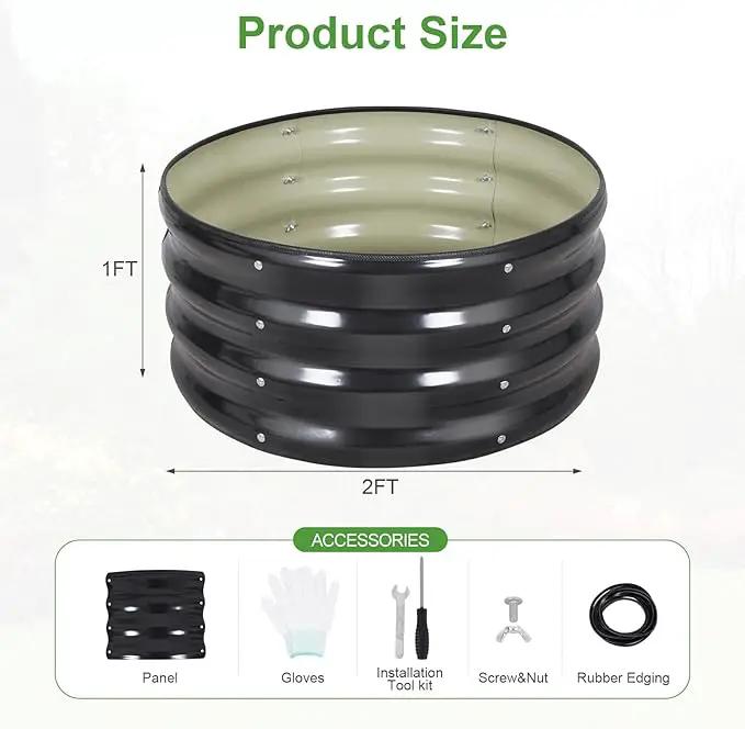 Galvanized Raised Garden Bed- 2Pcs 2x2x1FT Metal Planter Boxes Outdoor | Round Steel Raised Bed Kit & Fire Pit Ring for Gardening with Protective Tape, Gloves for Vegetables, Flower (Grey) by GreenHaven Gardens