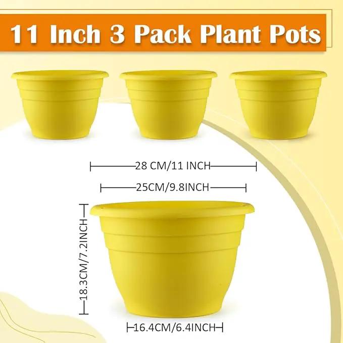Plant Pots Set of 3, 11 Inch Round Flower Pots, Thickened Plant Planters with Drainage Holes, Garden Pots for Indoor Outdoor, （3 Pack, Yellow by GreenHaven Gardens
