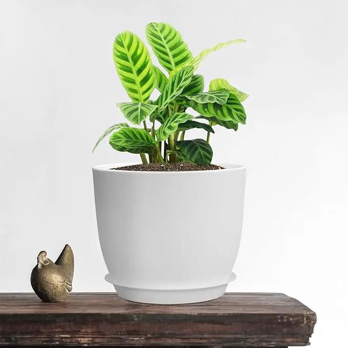 12/10/9 Large Modern Plant Pots, Plastic Planters with Drainage Holes and Saucers for Indoor Outdoor Plants Flowers, White by GreenHaven Gardens