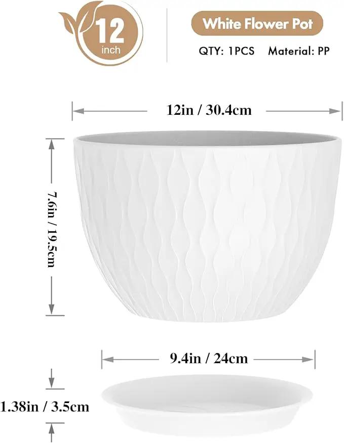 12 Inch Large Plant Pots for Indoor or Outdoor Plants, Wide Water Ripples Flower Pots with Drainage Holes & Saucer, Plastic Planters Set for Garden & Home Decor (White) by GreenHaven Gardens