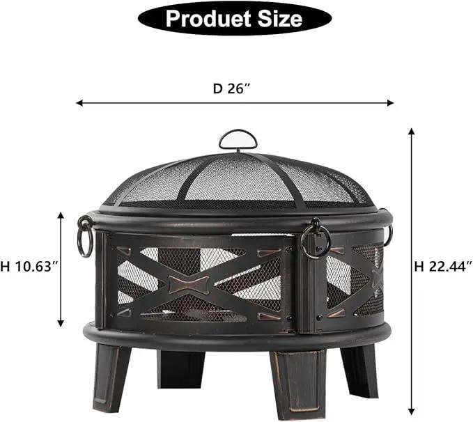 Breezz 26 Inch Wood Burning Fire Pit with Cooking Grill and Spark Screen, Outdoor Metal Round Firepit for Patio, Backyard, Bonfire Party, Camping by GreenHaven Gardens