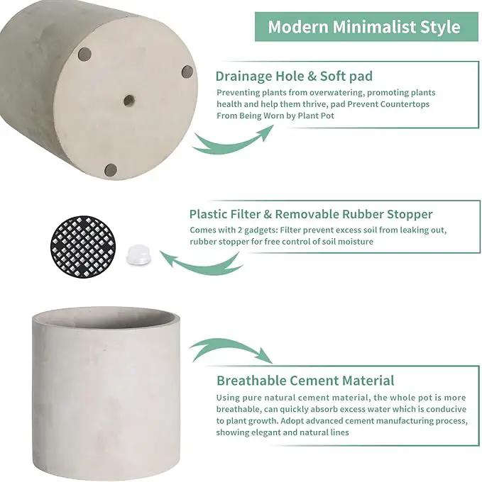 Mozing Cement Plant Pots Indoor - 14 inch Concrete Planter Pot for Planting - Modern Stone Clay Flower Pot with Drainage Hole for Garden, Home, Office Decor, Grey by GreenHaven Gardens