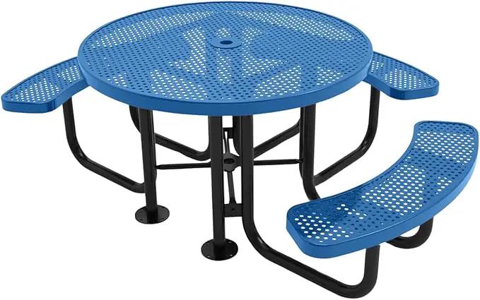 Heavy-Duty Portable Outdoor Picnic Table with Umbrella Hole, Punched Steel Patio Dining Furniture Made in America (46" Round Top, Textured Light Blue) by GreenHaven Gardens