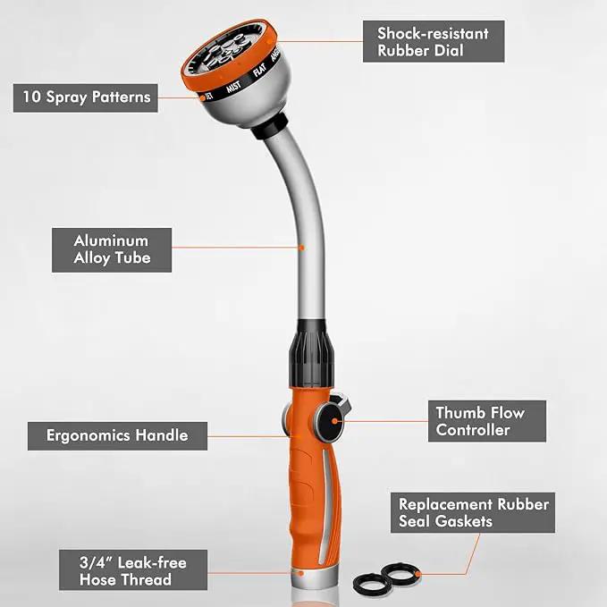 RESTMO Watering Wand Heavy Duty, Metal Garden Hose Wand with 10 Spray Patterns, 15-Inch Long Hose Nozzle Sprayer with Thumb Flow Control, Ideal to Water Hanging Baskets and Shrubs, Orange by GreenHaven Gardens