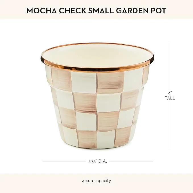 MACKENZIE-CHILDS Enamel Garden Pot, Decorative Pot for Plants, Outdoor Flowerpot Decor, Small, Brown-and-White Mocha Check by GreenHaven Gardens