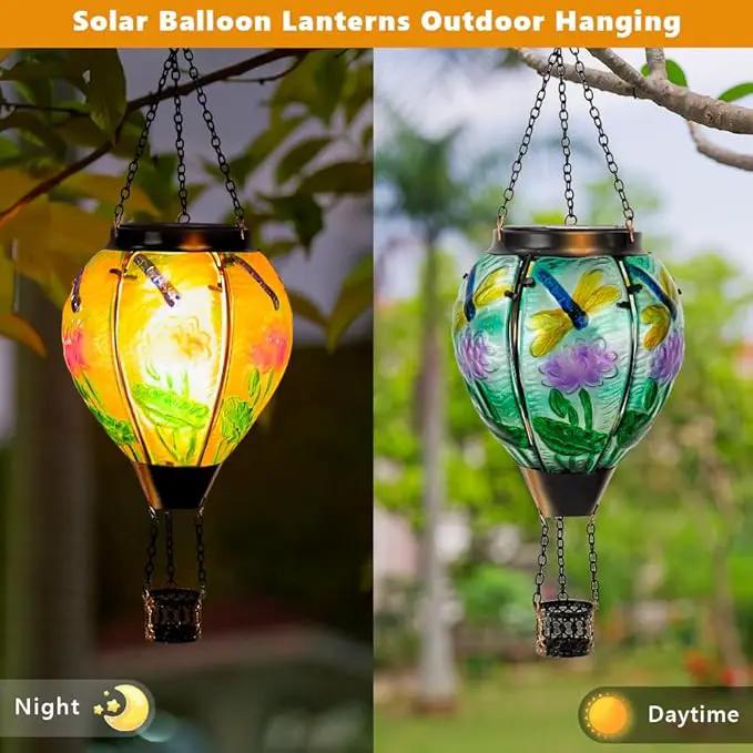 Starsoul Starsoul Dragonfly Hot Air Balloon Solar Lantern Glass Outdoor Hanging Hot Air Balloon Solar Flickering Flame Light Waterproof Garden Patio Yard Party Decorations by GreenHaven Gardens