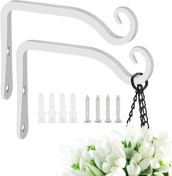 FEED GARDEN Hand-Forged Hanging Plant Bracket Iron Wall Hook for Hanging Bird Feeders, Wind Chimes, Flower Baskets, Lanterns, Yoga Mat, Indoor/Outdoor Use (6 Inch 2 Pack, White, with 4 Screws) by GreenHaven Gardens
