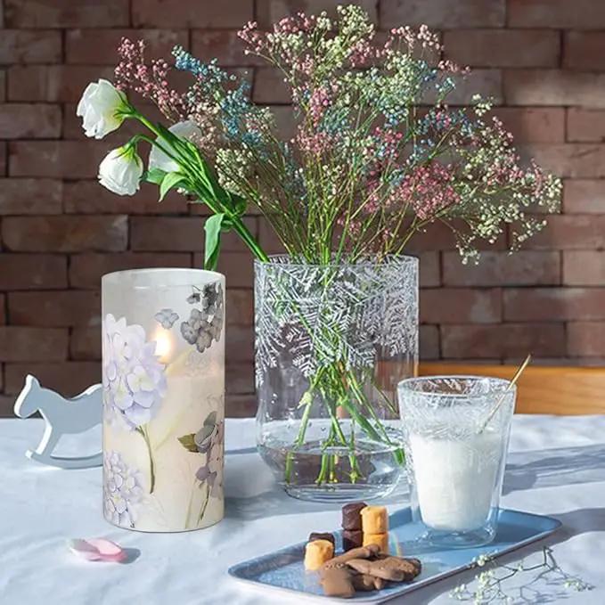 Hydrangea Flameless Candles Flickering, Spring LED Battery Operated Candles with Remote Timer, Glass and Real Wax Pillar Candles for Garden Home Decor(Set of 3, D3 xH4 5" 6") by GreenHaven Gardens