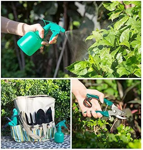 Garden Tools Set 10 Pcs, Heavy Duty Gardening Tool Kit with Storage Organizer, Ergonomic Hand Digging Weeder/Rake/Shovel/Fork/Sprayer/Gloves/Plant Rope/Pruner by GreenHaven Gardens