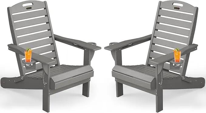 Adirondack Chairs Set of 2, Outdoor Fire Pit Chairs, HDPE All-Weather Adirondack Chairs with Cup Holder, Lawn Chair for Deck, Patio, Garden (Grey)