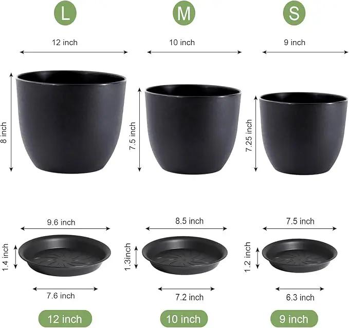 12/10/9 inch Big Flower Pots, 3 Pack Modern Decorative Plastic Planters with Drainage Holes and Tray, Plant Pots for Indoor Outdoor Plants, Black by GreenHaven Gardens
