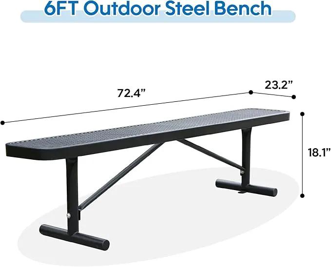 72" L Steel Flat Bench Garden Bench, Black Outdoor Park Bench Weather-Resistant Steel Metal, Patio Seating for Front Porch Backyard Park Outside, Metal Benches for Outside to dodrill to Ground by GreenHaven Gardens