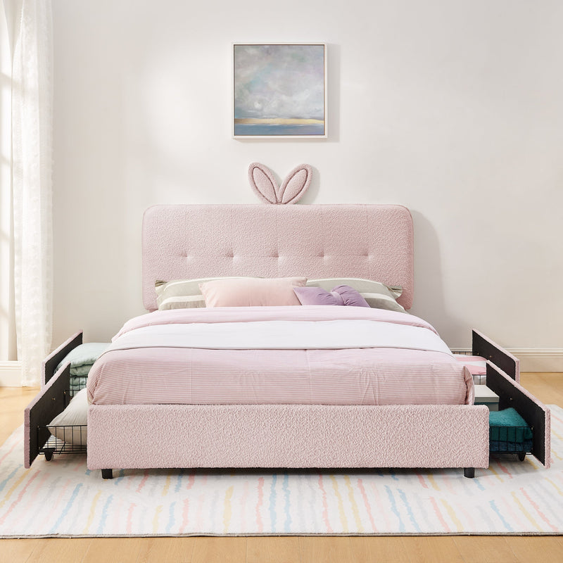 Queen Size Kids Upholstered Bed with Rabbit Ear Headboard & Storage by HouseOfZazla