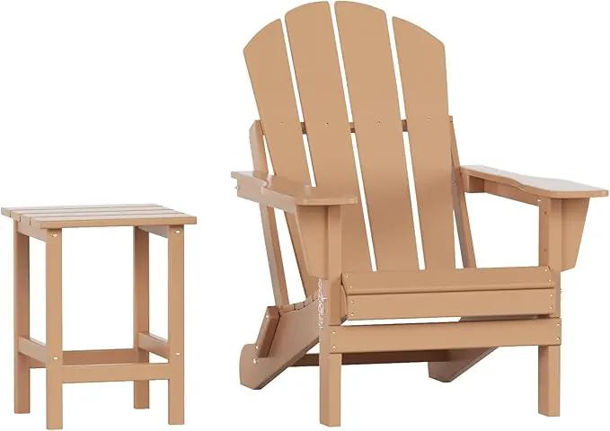 WO Home Furniture Adirondack Chair Table Set of 2 PCS Outdoor Folding Chair w Side Table Weather/UV Resistant for Lawn, Garden, Bon Fire, Balcony (Teak) by GreenHaven Gardens