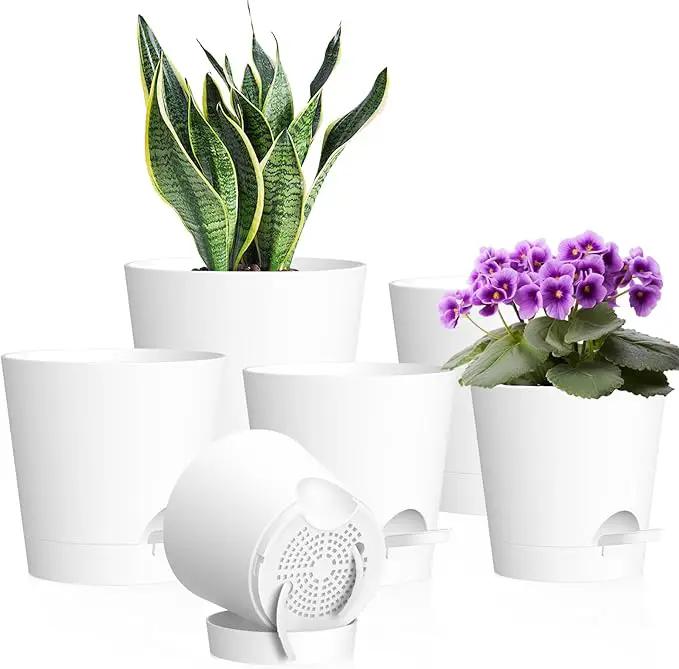 7/6.5/6/5.5/5/4 inch Self Watering Pots for Indoor Outdoor Plants, 6 Pack Plastic Flower Planters with Drainage Holes and Removable Saucers, Plant Pots with Wicking Rope, Modern Decor, White by GreenHaven Gardens