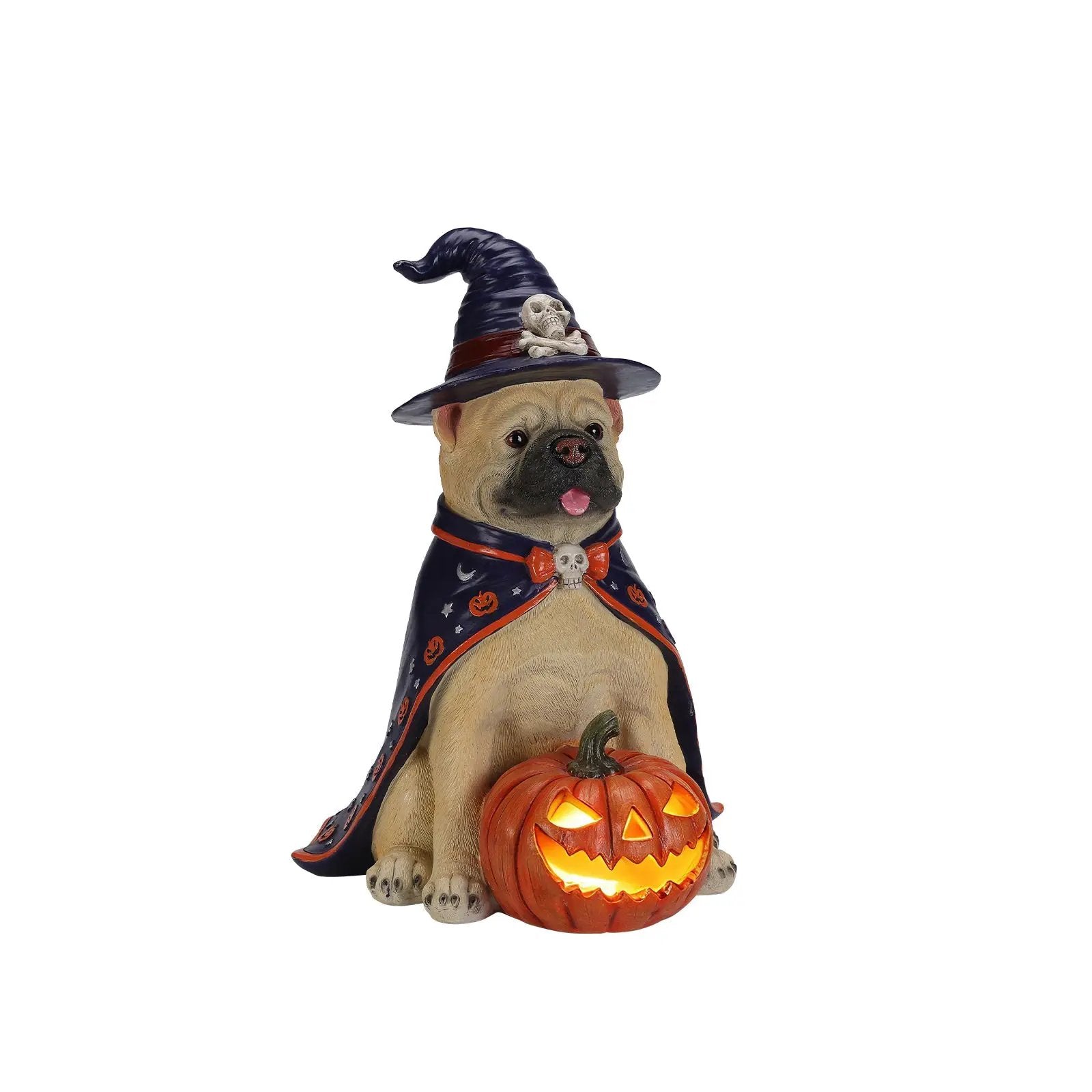 Halloween Bulldog Witch Statue, LED Light Up Jack-O-Lantern Pumpkin by HouseOfZazla