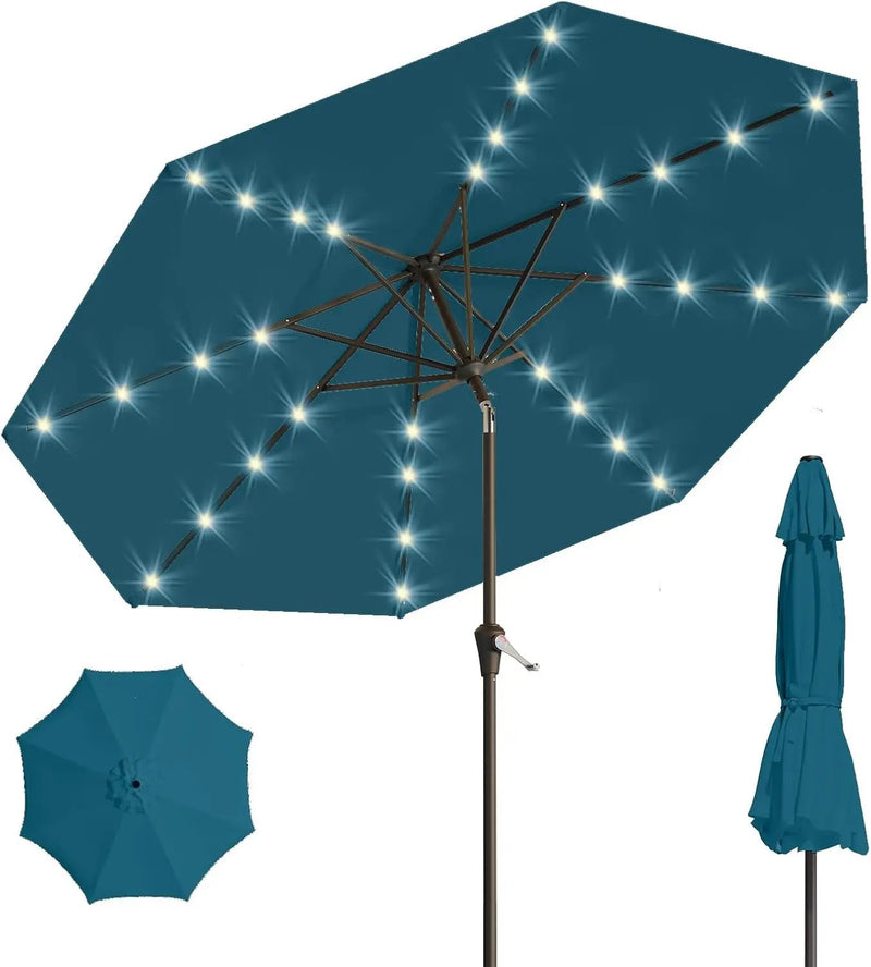 9FT Solar Umbrella 32 LED Lighted Patio Umbrella Table Market Umbrella w/Tilt and Crank, UV-Resistant Outdoor Umbrella for Pool, Garden, Deck, Lake Blue by GreenHaven Gardens