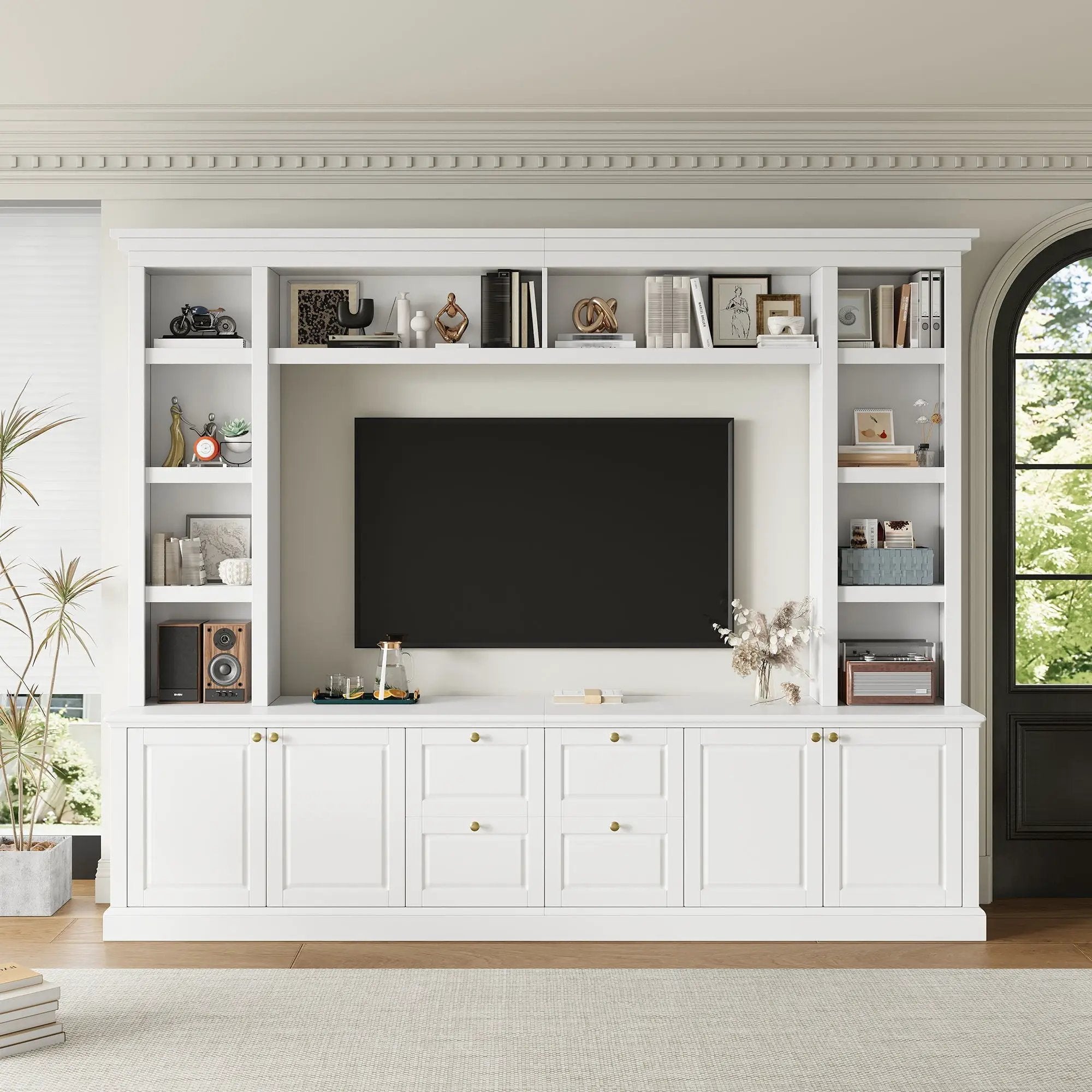 TV Stand With Bookcase, Storage Cabinet With 3 Adjustable Shelves, Living Room Entertainment Center - White by HouseOfZazla