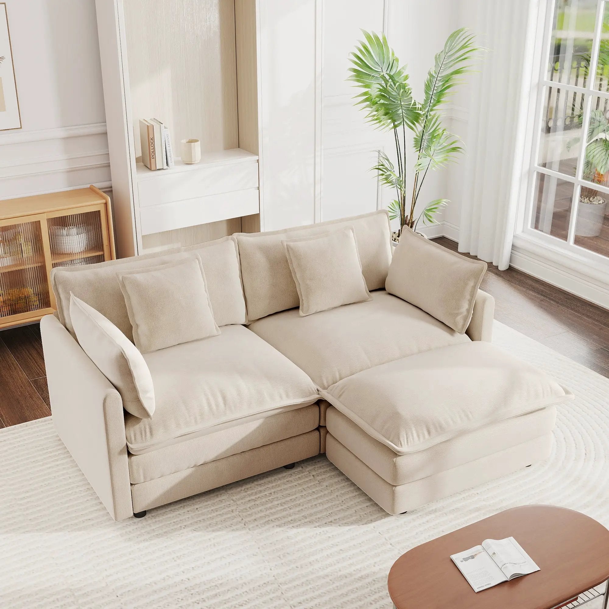 Chenille Two-Seater Sofa with 1 Footrest, 2 Seater L-Shaped Sectional with Ottoman by HouseOfZazla