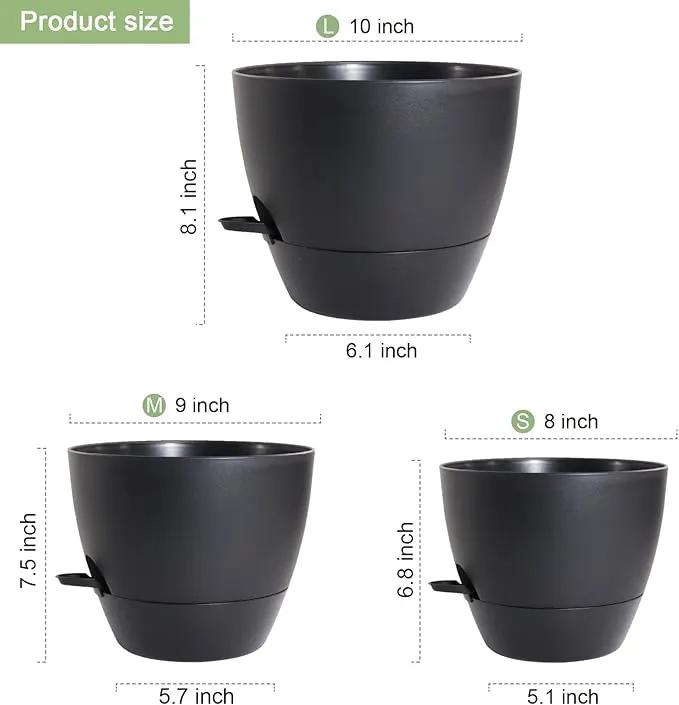 10/9/8 inch Medium Self Watering Pots, Plant Pots with Mesh Drainage Holes for Indoor Outdoor Garden Plants, Flower Pots with Removable Deep Reservoir, Set of 3 Plastic Planters, Black by GreenHaven Gardens