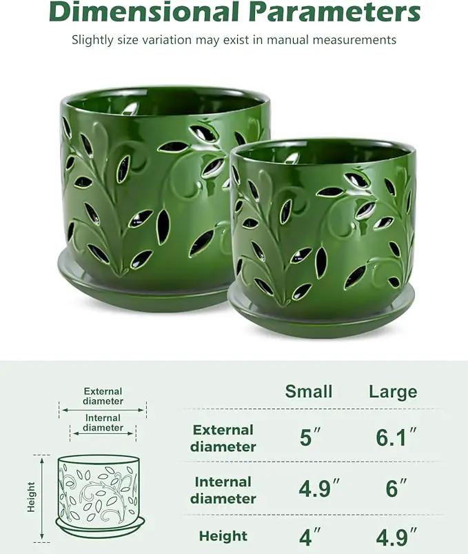 EFISPSS Orchid Pot with Holes, 5+6Inch Ceramic Plant Pots with Drainage Holes and Tray, Promoting Air Circulation and Drainage, Indoor/Outdoor Flower Pots-Green by GreenHaven Gardens
