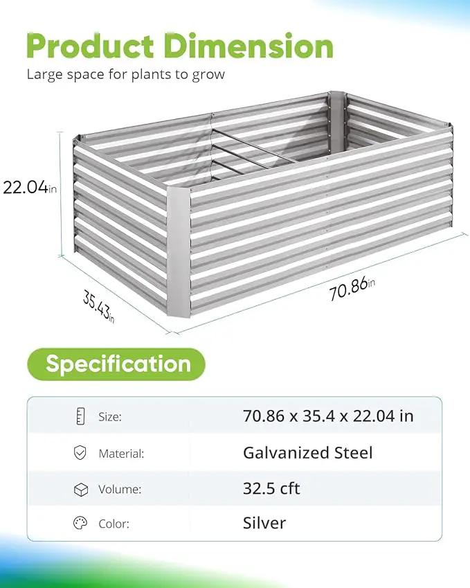 Quictent Galvanized Raised Garden Bed 6x3x2 Ft Metal Planter Box Bottomless for Backyard, Include 1 pc Tomato Cage, Silver by GreenHaven Gardens