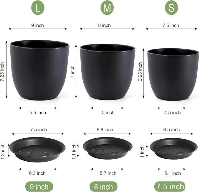 9/8/7.5 inch Plant Pots, Set of 3 Modern Decorative Plastic Planters with Drainage Holes and Tray, Flower Pots for Indoor Outdoor Plants, Black by GreenHaven Gardens