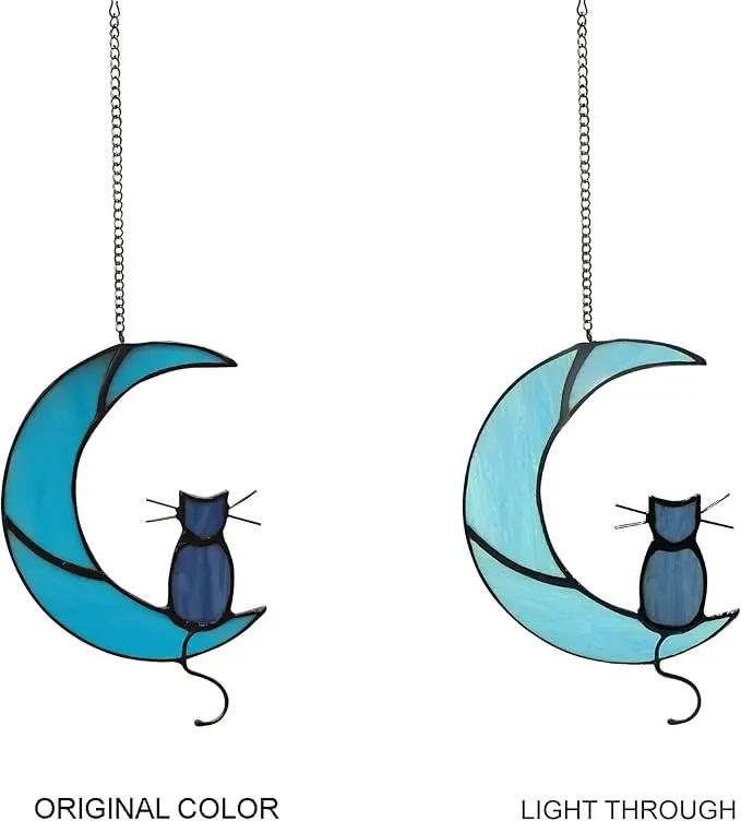 Black Cat On Bule Moon Stained Glass by GreenHaven Gardens