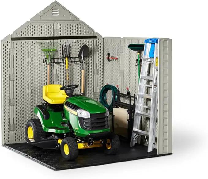 Rubbermaid 7 Foot by 7 Foot Weatherproof Outdoor Storage Shed for Garden Tools and Lawn Machinery Organization with Lockable Double Door Sandstone by GreenHaven Gardens