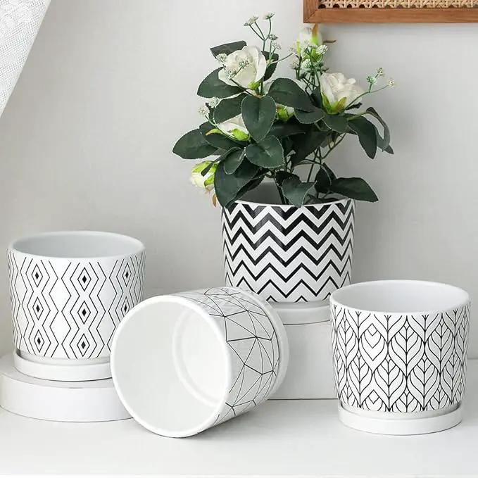 Ton Sin Plant Pots,5.5 Inch White Pots for Indoor Plants with Drainage Holes,Cylinder Flower Pot Ceramic Planters with Saucer,Cactus Succulent Outdoor Garden Pots Set of 4 by GreenHaven Gardens