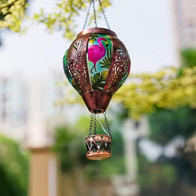 Flamingo Hot Air Balloon Solar Lanterns Outdoor Waterproof,Metal Garden Decor Solar Hot Air Balloon Lantern with Flame Flickering Lights for Patio,Porch,Yard Decor Mother Day Gifts for Women by GreenHaven Gardens