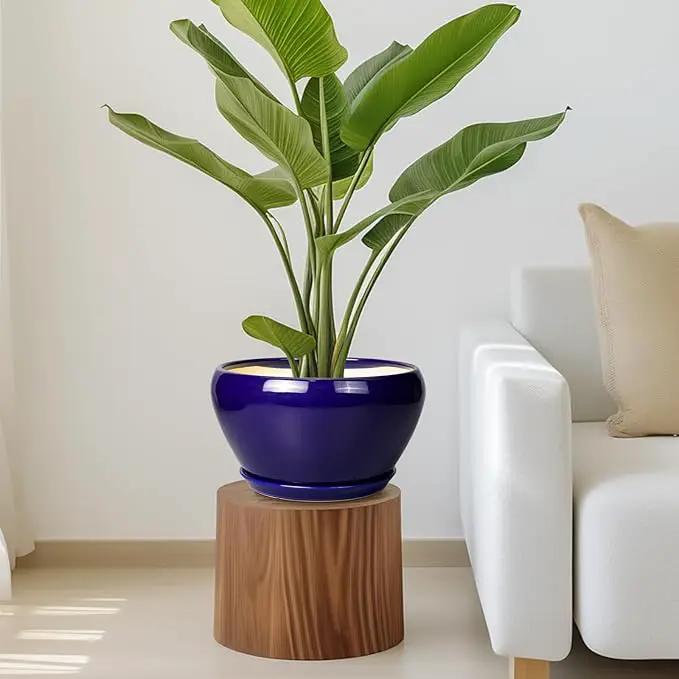 Ceramic Planter Pot 11 Inch - Indoor Planter Pot for Plants with Drainage Hole and Saucer Large Planter Round Outdoor Flower Pot Mid-Century for House Patio Decor Blue by GreenHaven Gardens