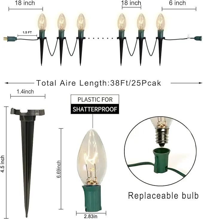C9 Christmas Pathway Lights, 38FT Clear Christmas Pathway String Lights with 25 Incandescent Bulbs and Stakes for Outdoor Walkway Driveway Backyard Christmas Decorations, Warm White by GreenHaven Gardens