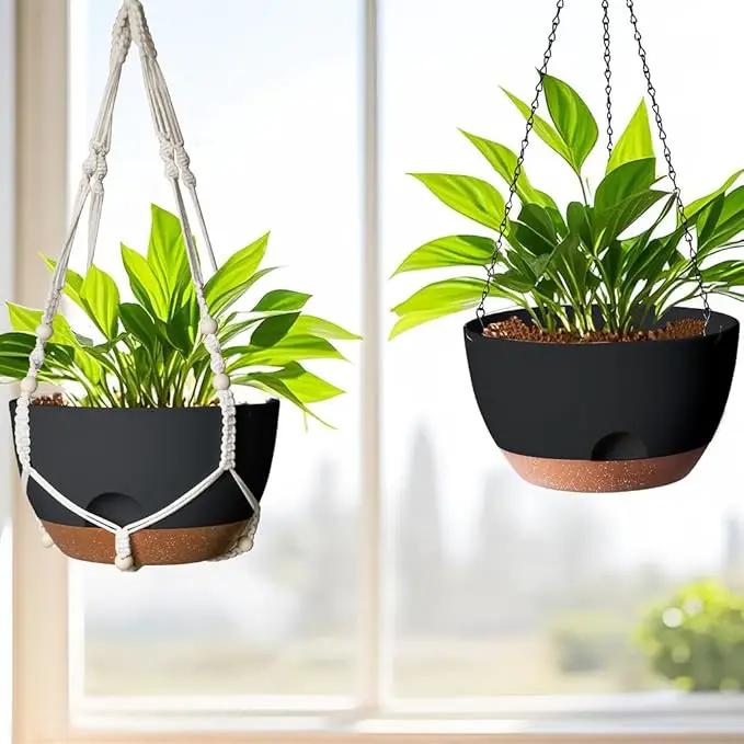 12 Inch Hanging Baskets for Plants Outdoor, Hanging Planters for Indoor Outdoor Plants, Hanging Planter with Self Watering, Hanging Flower Pots (Black Planter with Macrame + Iron Hangers) by GreenHaven Gardens
