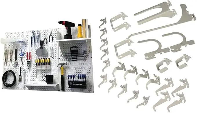 Wall Control 4 ft. Metal Pegboard Organizer - Standard Tool Storage Kit & Deluxe Hook Assortment for Slotted Tool Board - White by GreenHaven Gardens