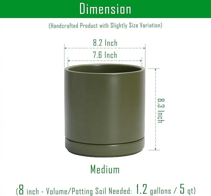 D'vine Dev 8 Inch Ceramic Planter Pot with Drainage Hole and Saucer, Indoor Cylinder Round Planter Pot, Olive, 94-O-D-J by GreenHaven Gardens