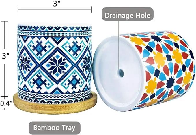 6 Pack Mandala Succulent Plant Pot with Bamboo Trays, Ceramic Multicolored Succulent Container Planter Pot for Small Plant by GreenHaven Gardens