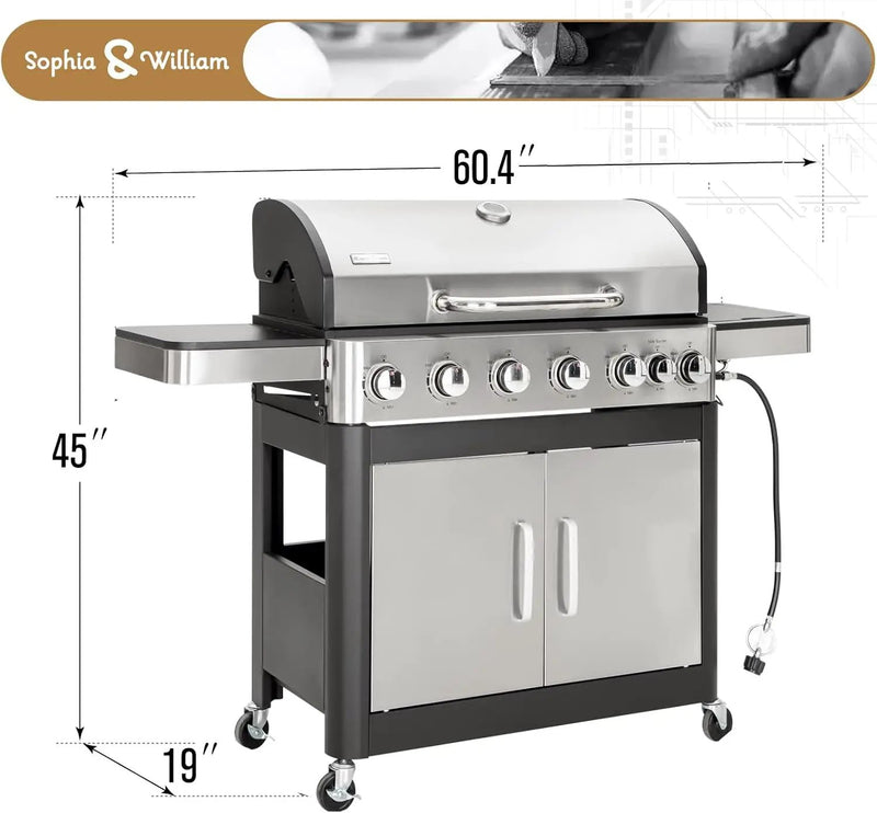 Sophia & William 6-Burner Propane Gas BBQ Grill with Side Burner & Porcelain-Enameled Cast Iron Grates, Stainless Steel Barbecue Grills Outdoor Cooking for Outside, 665 SQ.IN. Cooking Area, 65,800BTU by GreenHaven Gardens
