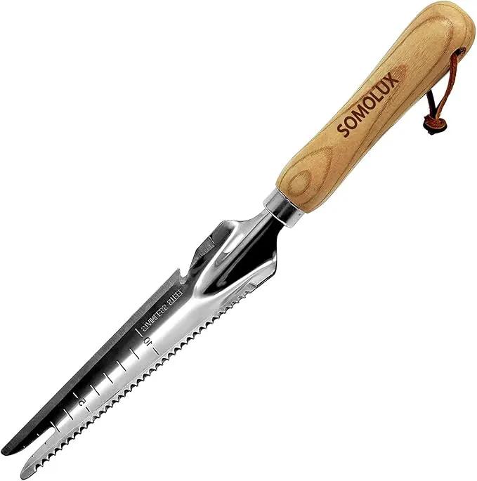 SOMOLUX Multifunctional Garden Tool Stainless Steel Shovel Hand Weeder with Wood Handle Soil Knife Tool for Planting Weeding Digging Transplanting Cutting Measuring by GreenHaven Gardens