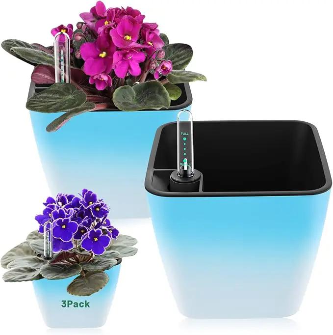 Self Watering Planters for Indoor Plants : 5 inch 3 Pack Gradient Blue Planter with Water Level Indicator African Violet Self Watering Flower Pot for Herb pots House Plant by GreenHaven Gardens