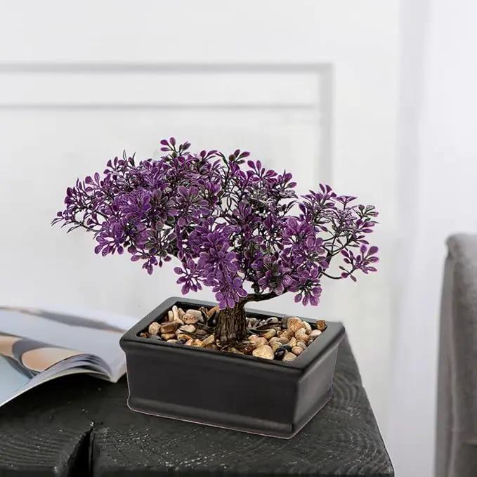 Artificial Bonsai Tree Juniper Faux Plants Indoor Fake Plants Decor with Black Ceramic Pots for Home Table Office Desk Bathroom Shelf Bedroom Living Room Farmhouse Decorations-Purple by GreenHaven Gardens