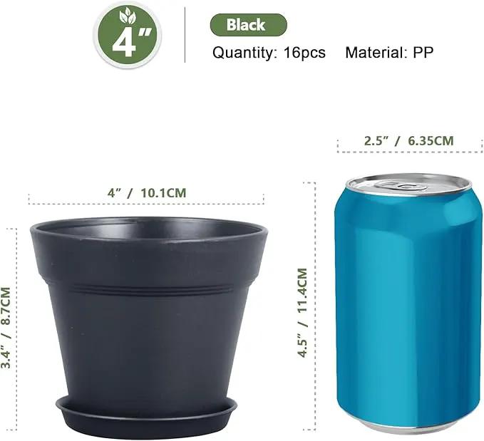 4 inch Small Plastic Nursery Pots, Seedling Pots - 16 Pack Plant Pots for Indoor & Outdoor Plants, Decorative Flower Pots with Drainage Holes and Saucers, Black by GreenHaven Gardens