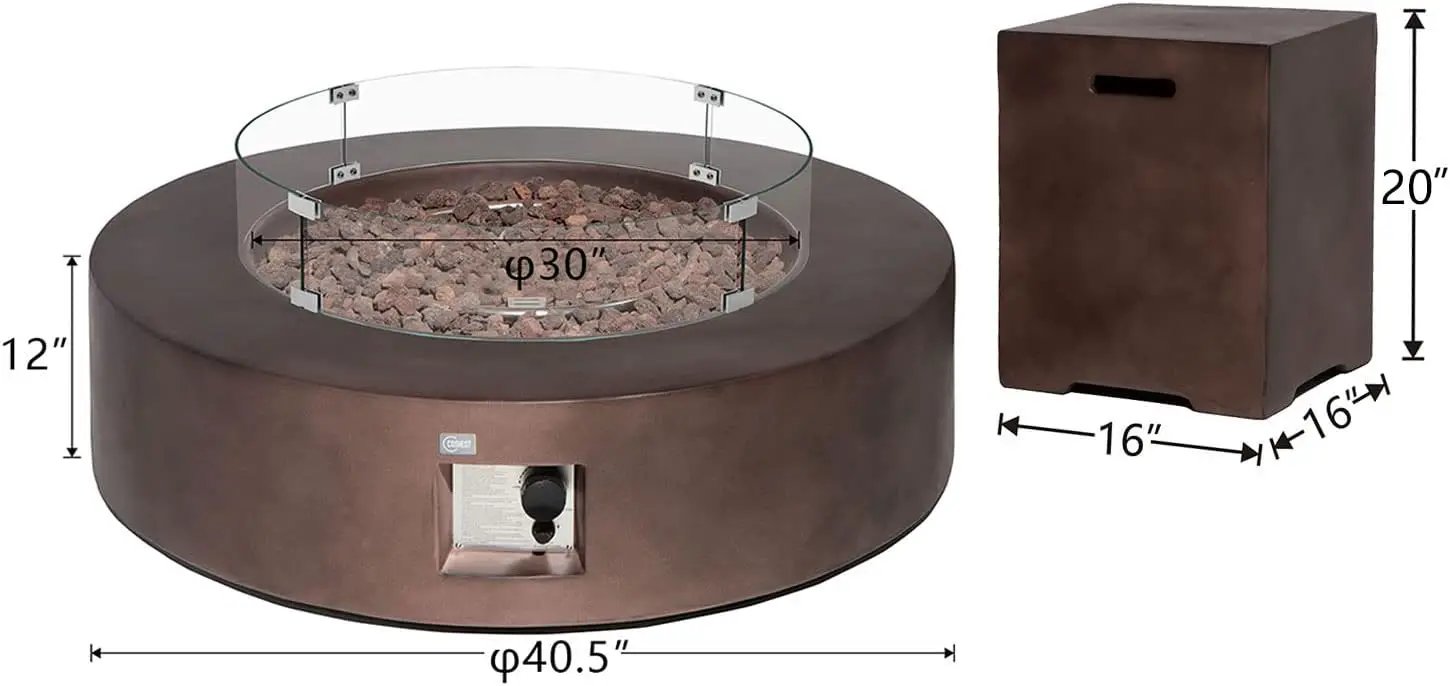 COSIEST 2-Piece Outdoor Propane Firepit Table Set w Tank Table, 42 inch Dark Fire Table CSA Certified, 50,000 BTU w Bronze Round Base,Wind Guard and 16 inches Tank Side Table 20lb for Garden,Pool by GreenHaven Gardens