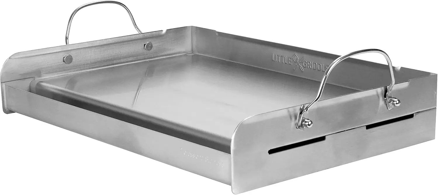 LITTLE GRIDDLE 100% Stainless Steel Griddle with Even Heat Cross Bracing and Removable Handles - For Grills, Camping, Tailgating, Silver, 25" x 16" x 6.5" by GreenHaven Gardens