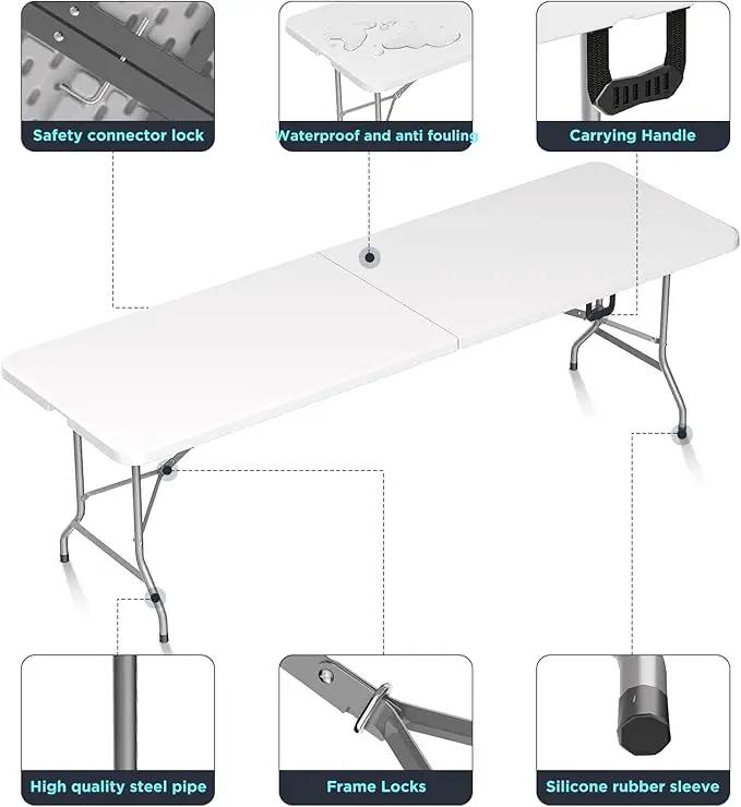 HLPB Folding Table Picnic Table, 8 ft Portable Camping Table with Handle and Safety Locks, Foldable Table Plastic Dining Table Indoor Outdoor for Camping, Picnic and Party by GreenHaven Gardens